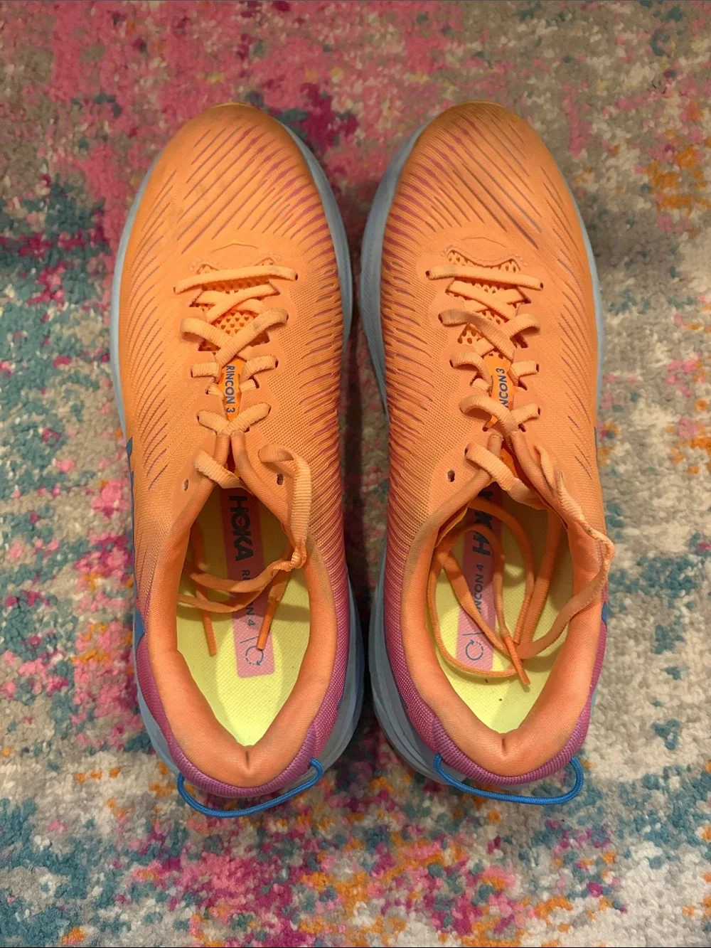 Hoka Rincon 3 Orange Running Shoes with Pink-Purple Heel Accents - Like New